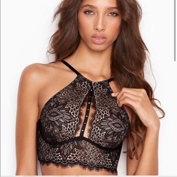 Victoria's Secret sheer lace halter bra, black w/ nude mesh lining, sz M, NWOT - Picture 5 of 6